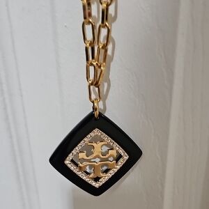 Tory Burch Black and Gold Square Resin Pendant Necklace